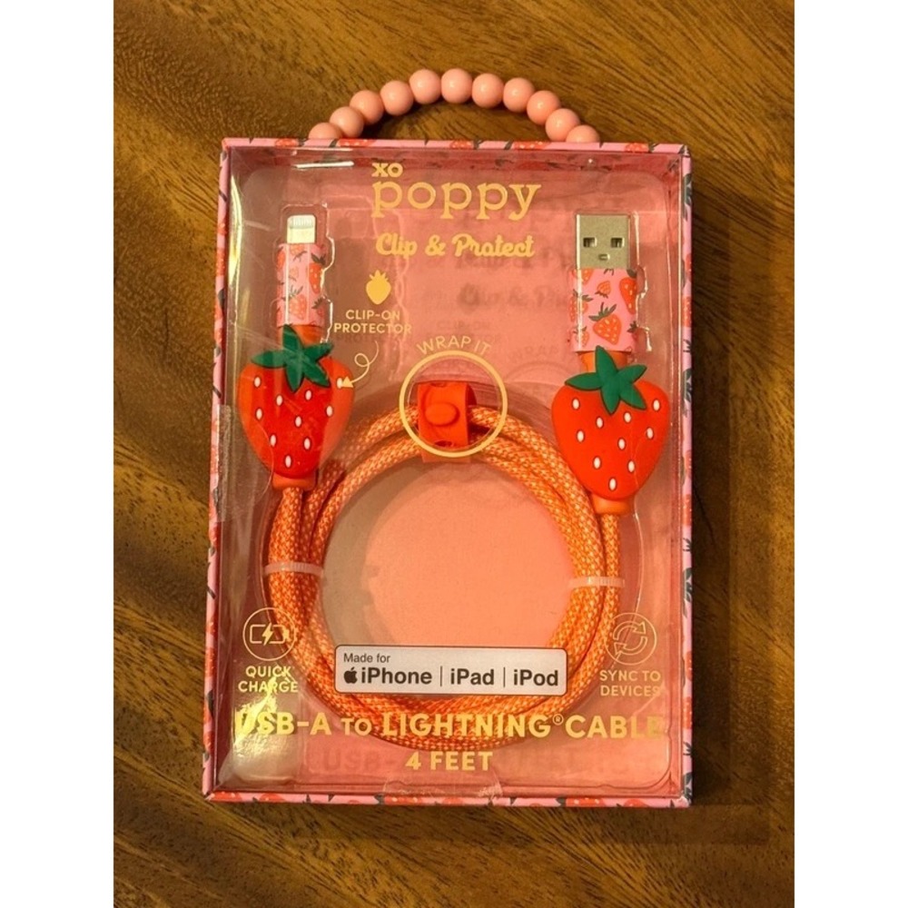 XO Poppy Strawberry Clip & Protect USB-A to Lightning Cable 4ft Orange Braided